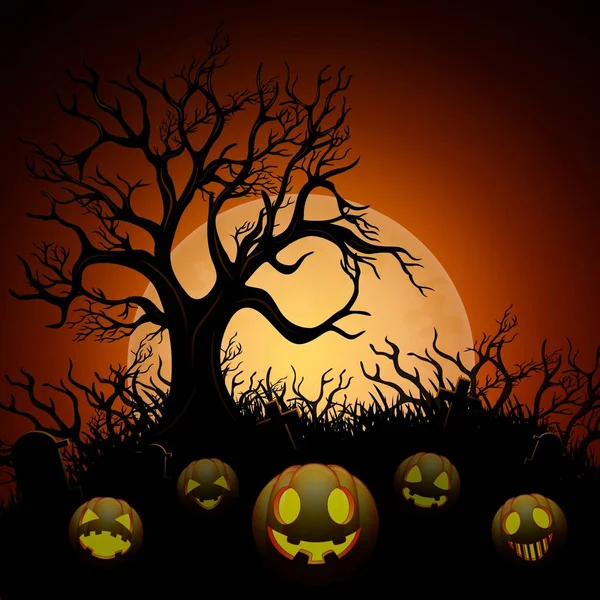 Halloween sfondo con albero secco e zucche nel cimitero sullo sfondo della luna — Vettoriale Stock