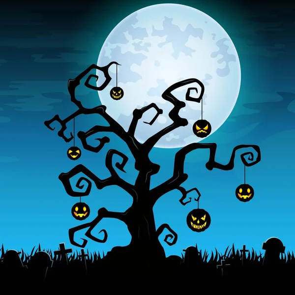Fondo de noche de Halloween con calabaza colgante en árbol seco en el cementerio — Vector de stock