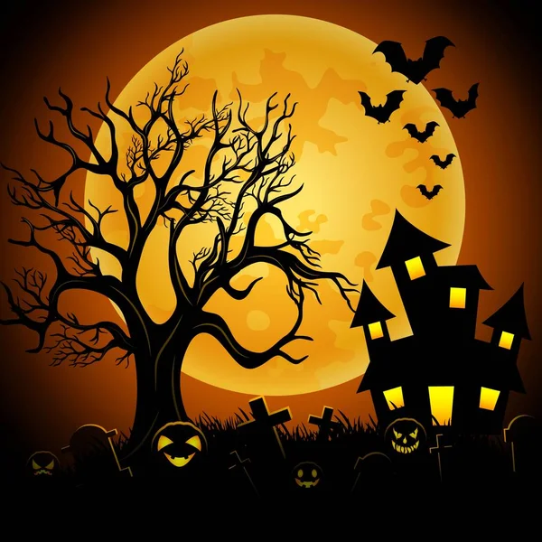 Halloween sfondo notte con castello raccapricciante e cimitero — Vettoriale Stock