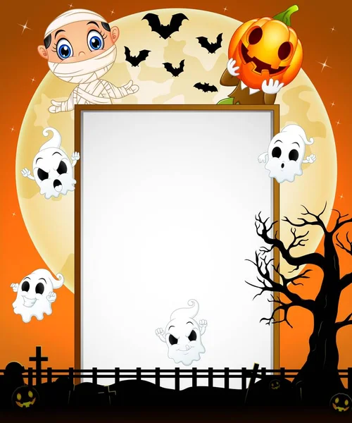 Halloween-Zeichen mit kleiner Mumienkürbismaske und Gespenst — Stockvektor