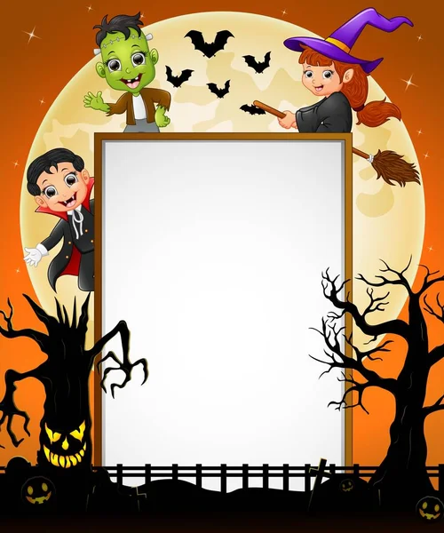 Halloween znak z dracula i frankenstein i czarownica jazda miotle i przerażające drzewa — Wektor stockowy