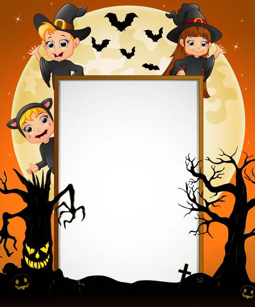 Halloween znak z mała czarownica chłopiec i dziewczynka czarownica i kostium kot i strasznego drzewa — Wektor stockowy