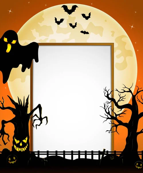 Halloween-Schild mit schwarzem Geist und fliegenden Fledermäusen und gespenstischem Baum — Stockvektor