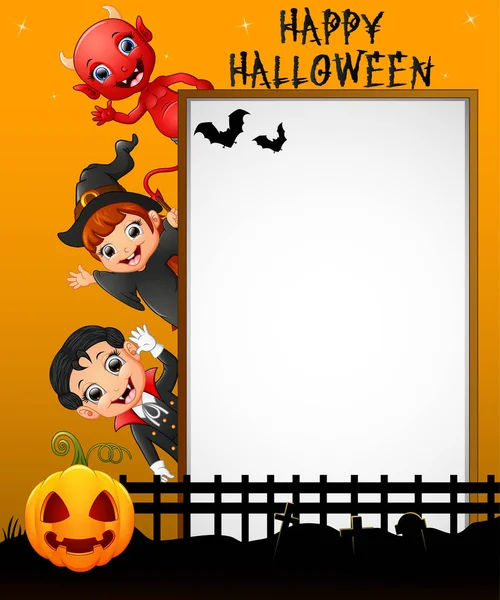 Halloween segno con bambina strega e bambino strega e diavolo rosso mentre agita la mano — Vettoriale Stock