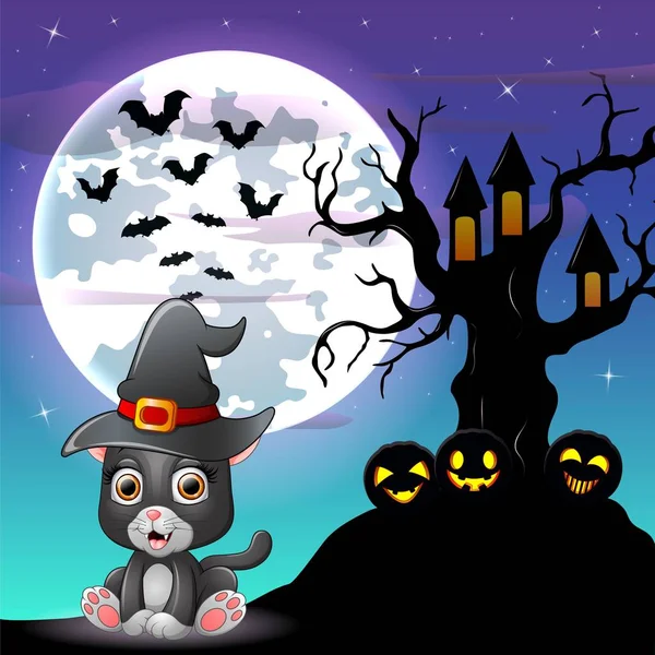 Gatito gris de Halloween con sombrero de brujas con casa en el árbol delante de la luna llena — Vector de stock
