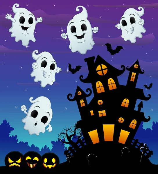 Halloween fond de nuit avec fantôme volant et château effrayant dans le cimetière — Image vectorielle