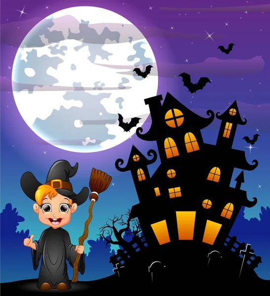 Noche de Halloween fondo con niño bruja sosteniendo escoba y castillo de miedo en el cementerio — Archivo Imágenes Vectoriales