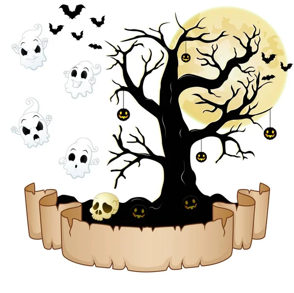 Buon Halloween banner con carta vuota, fantasmi, teschio, zucche, pipistrelli e albero secco — Vettoriale Stock