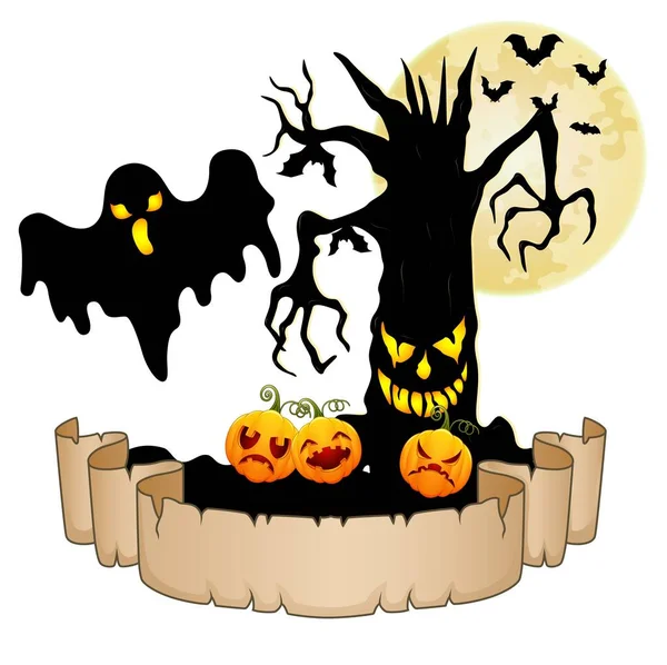 Šťastný Halloween banner s prázdný papír, duchové, dýně, netopýři a strašidelný strom — Stockový vektor