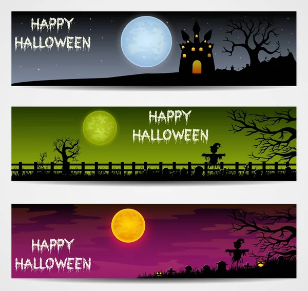 Tres pancartas de Halloween con castillo y espantapájaros — Vector de stock