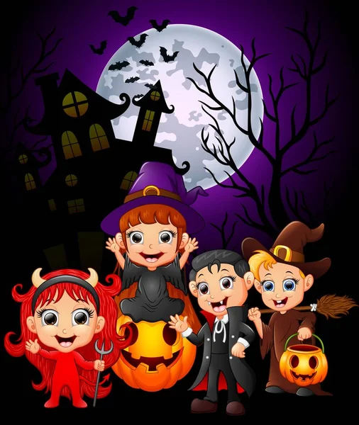 Happy Halloween purple background with children in Halloween costume — Stock Vector