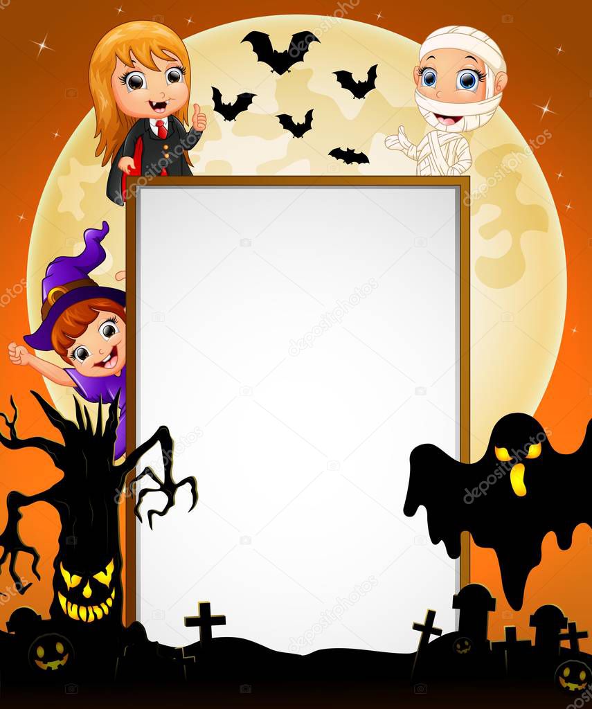 Halloween sign with dracula and mummy and witch and black ghost and scary tree