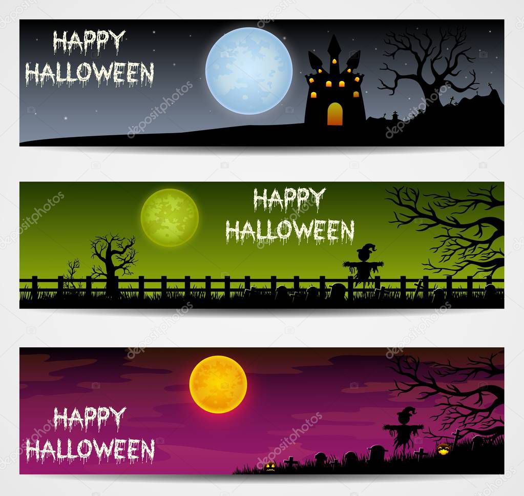 Three Halloween banners with castle and scarecrow