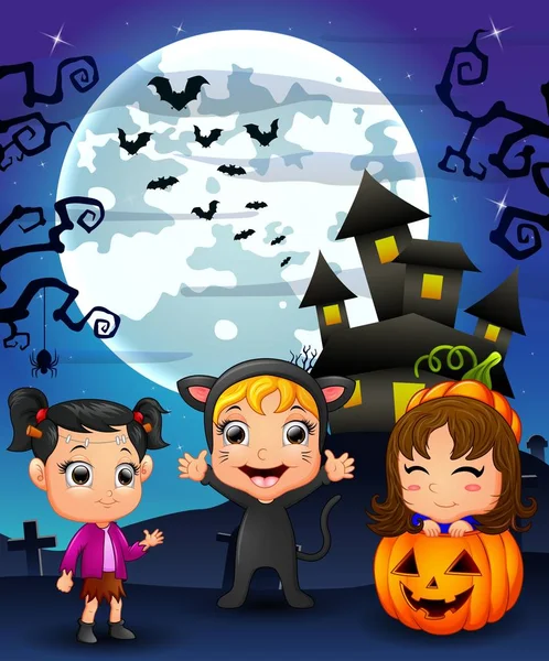 Хэллоуин фон с счастливой девушкой в костюме кошки, маленькая девочка и девочка улыбается в корзине тыквы — стоковый вектор