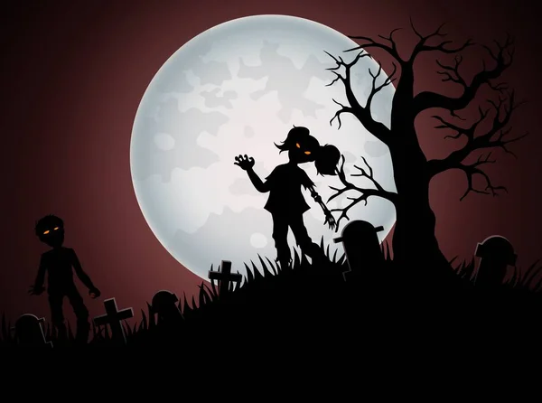 Halloween-Hintergrund mit Zombies und dem Mond auf dem Friedhof — Stockvektor