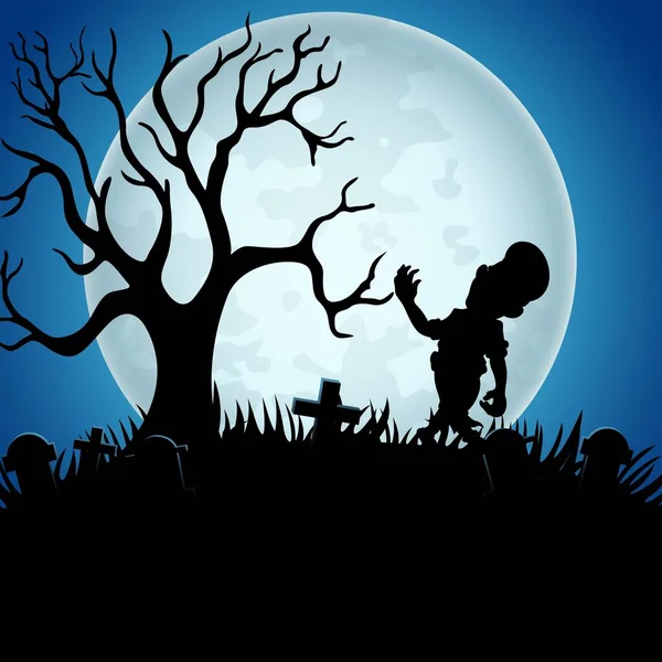 Fondo de Halloween con zombies, árbol y cementerio en la luna llena — Vector de stock