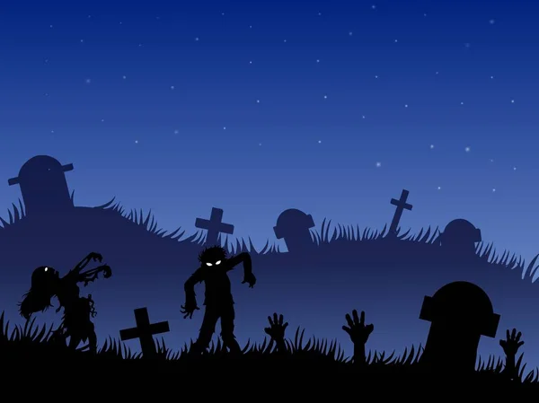 Halloween-Hintergrund mit Zombies, Grabsteinen und auf dem Friedhof — Stockvektor