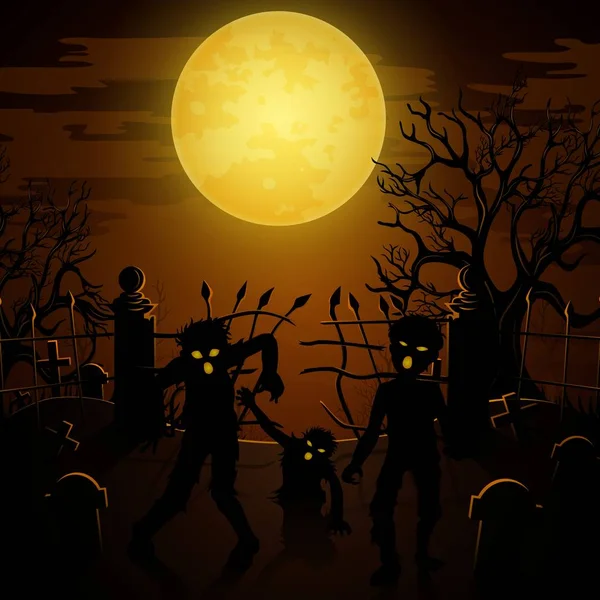 Fondo de Halloween con zombies, lápidas y la luna en el cementerio — Vector de stock