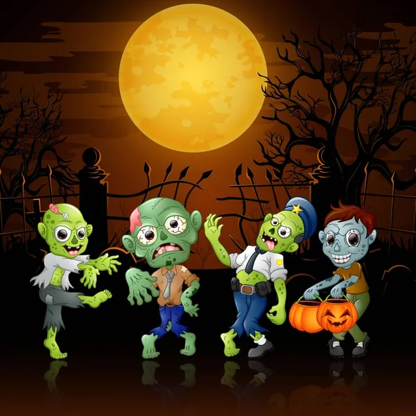 Zombie Strona kreskówki kostiumy na Halloween w cmentarz — Wektor stockowy