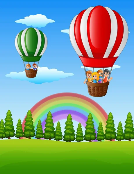 Feliz dibujos animados niños volando en un globo aerostático — Vector de stock
