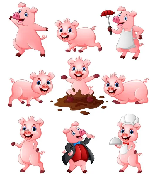 Ensemble de collection de dessin animé cochon heureux — Image vectorielle