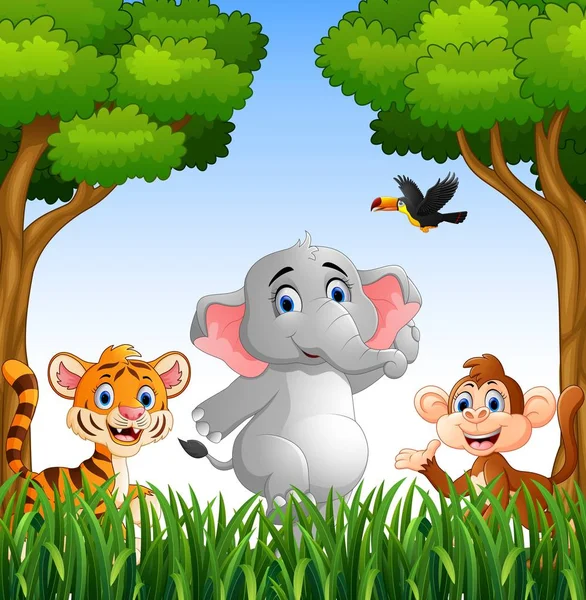 Animales de dibujos animados en la selva — Vector de stock