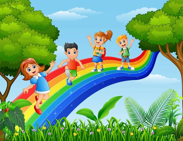 Niños felices de pie sobre el arco iris — Archivo Imágenes Vectoriales