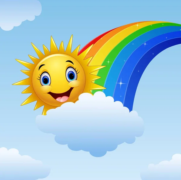 Carattere sorridente del sole vicino all'arcobaleno e alle nuvole — Vettoriale Stock