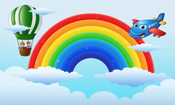 Personaje del avión y un niño montando un globo aerostático sobre el arco iris — Vector de stock