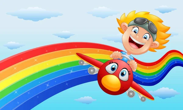 Feliz niño montado en un avión cerca del arco iris — Vector de stock