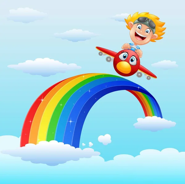 Glücklicher kleiner Junge im Flugzeug in der Nähe von Regenbogen — Stockvektor