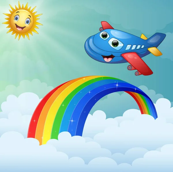 Flugzeugfigur fliegt am Himmel mit Regenbogen- und Sonnencharakter — Stockvektor
