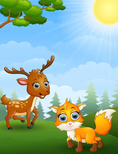 Veado rato e bebê raposa desenhos animados na selva — Vetor de Stock