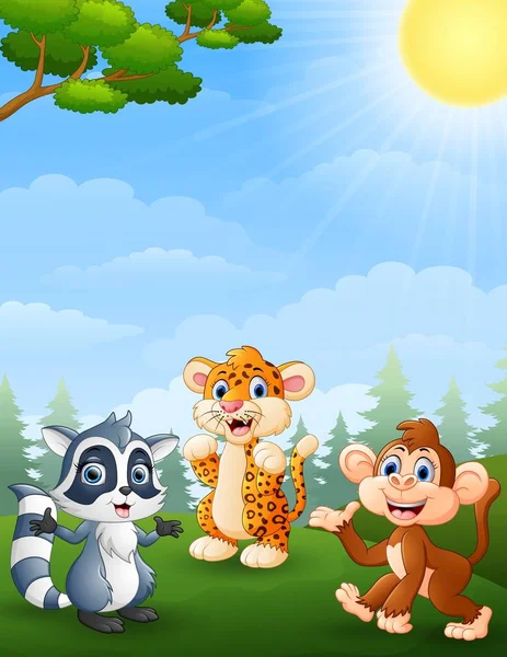 Guaxinim, tigre e macaco desenhos animados na selva — Vetor de Stock