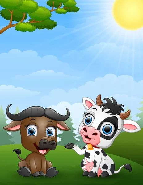 Bébé buffle et bébé vache dessin animé dans la jungle — Image vectorielle