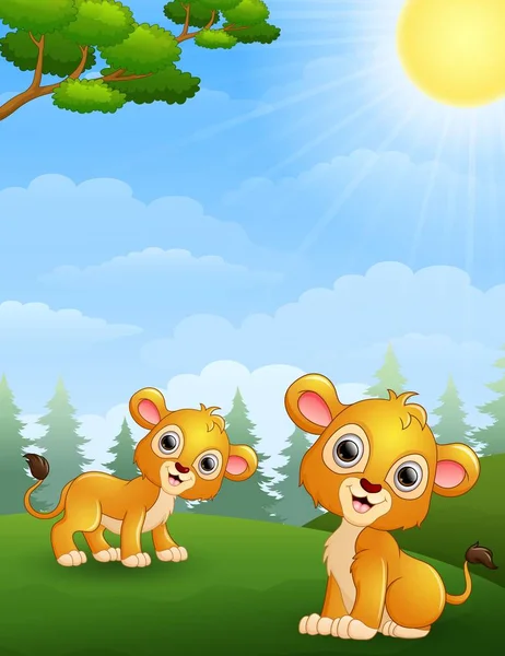 Dos dibujos animados de cachorros de león en la selva — Vector de stock