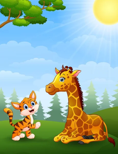 Tigre e Giraffa cartone animato nella giungla — Vettoriale Stock
