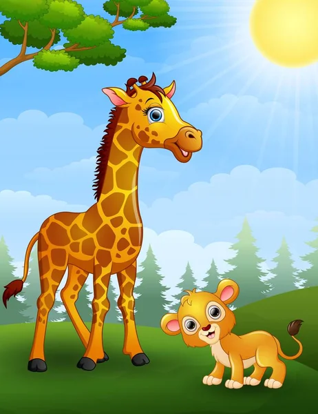 在丛林里的长颈鹿和狮子幼崽卡通 — 图库矢量图片