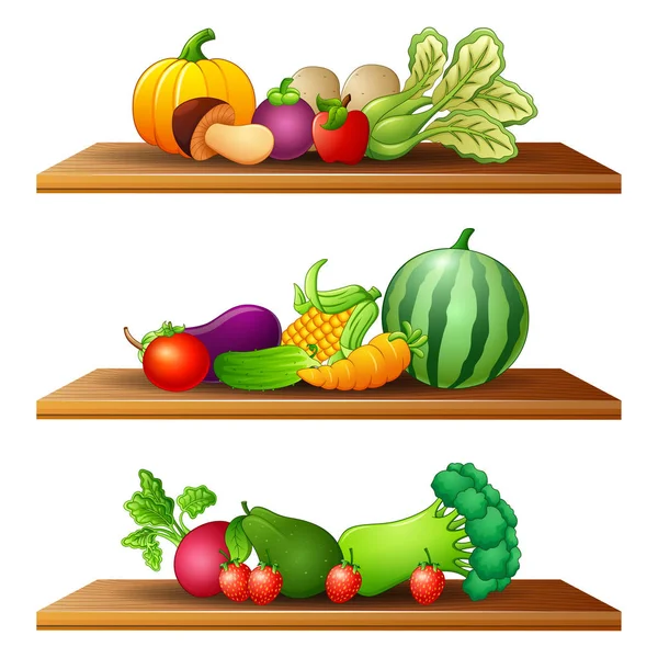 Ilustracja z różnego rodzaju owoców i warzyw w drewniane półki — Wektor stockowy
