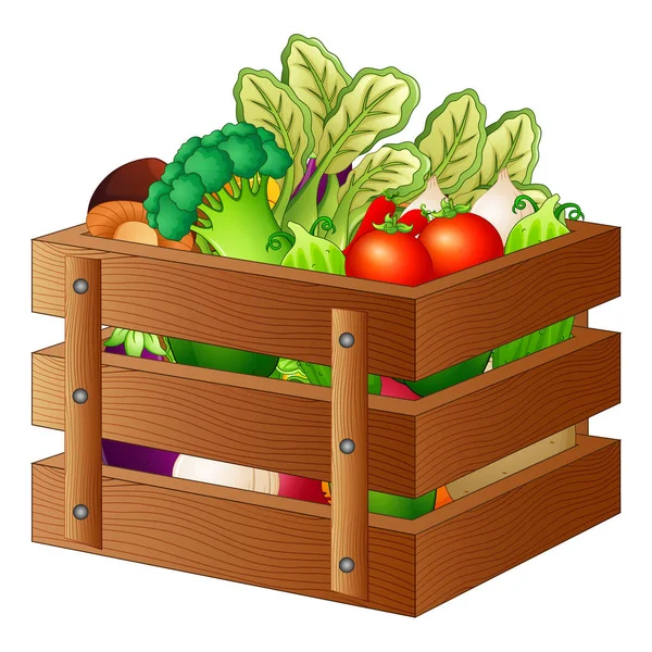 Verduras frescas en una caja de madera — Vector de stock