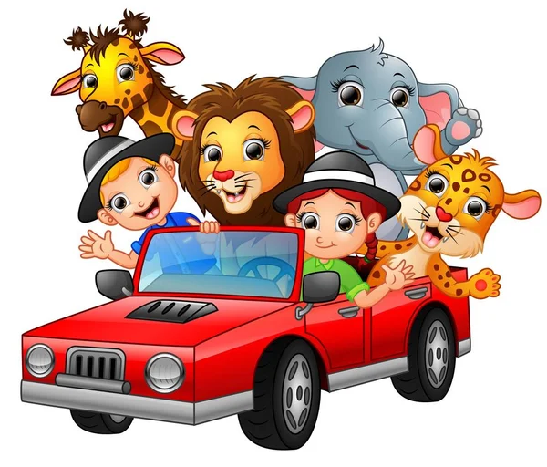 Kreslené děti řídí červené auto s volně žijícími zvířaty — Stockový vektor