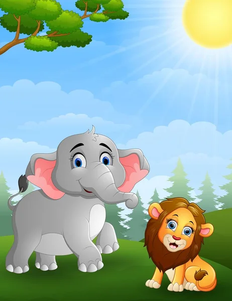 Elephant and lion cartoon in the jungle Stock Illustration