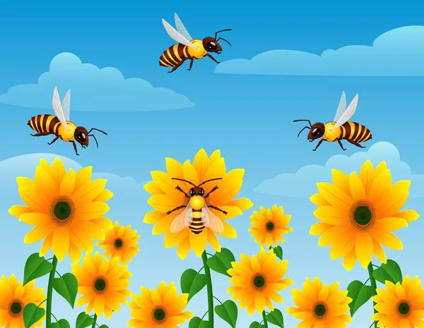 Cartoon wasp flying over sunflower field — Stock Vector