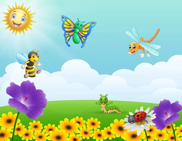 Insectos de dibujos animados en el jardín — Vector de stock