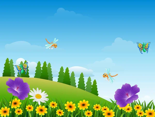 Animado: un jardin | Dibujos animados de insectos en el jardín — Vector