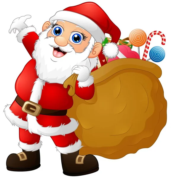 Santa Claus llevando saco lleno de regalos — Vector de stock