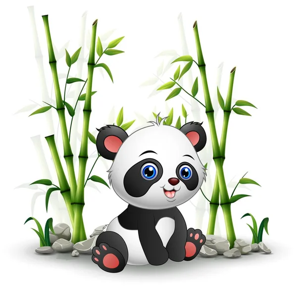 Baby panda sitting among bamboo stem — Stock Vector