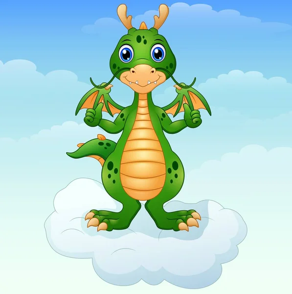 Schattige cartoon green dragon geven duimen omhoog op de wolk — Stockvector