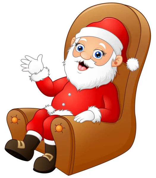 Lindo Santa Claus sentado y agitando las manos en el sofá marrón — Vector de stock