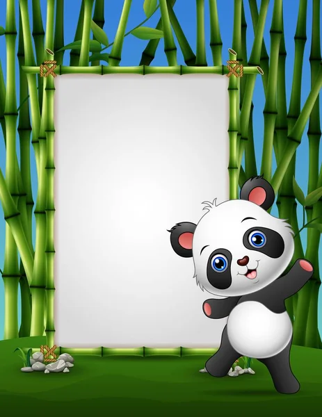 Panda de dibujos animados de pie sobre un marco de bambú — Vector de stock